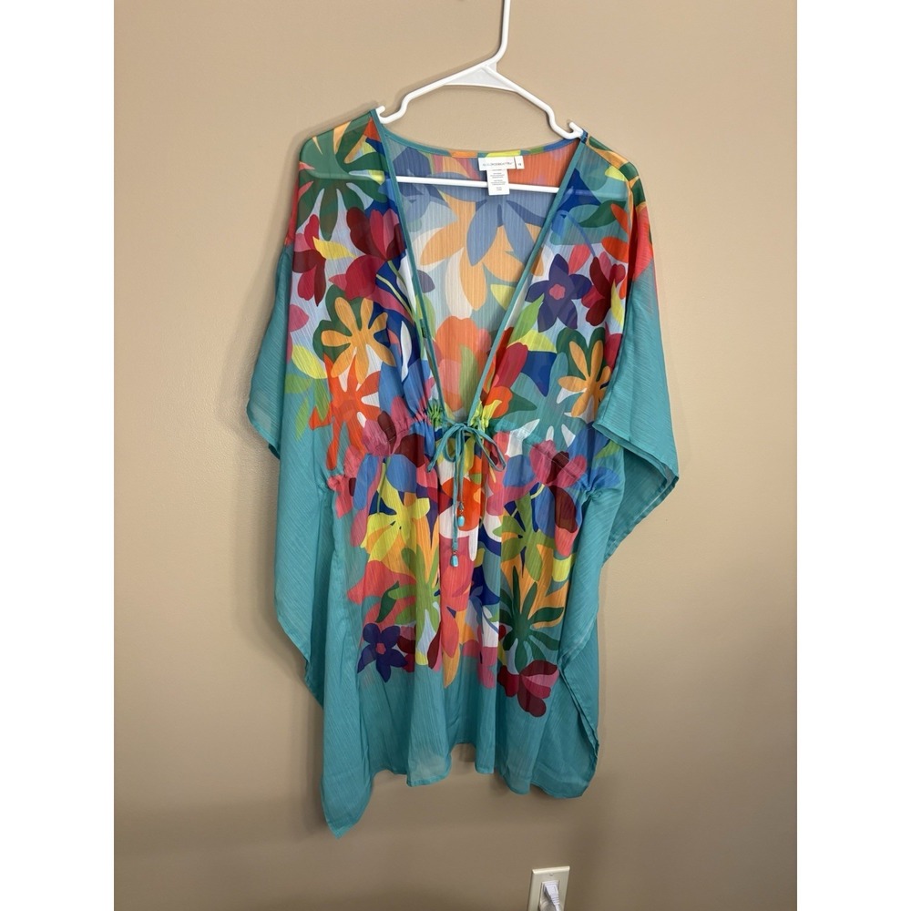 BLEU ROD BEATTIE Swim Cover Up Sz 1x Bright Floral Ruffle Drawstring Resort
